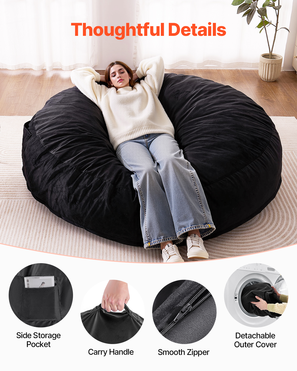 Bean Bag Chair Convertible/with Cover/Armrests for Adult Fluffy Blue/Grey/Black - Picture 65 of 72