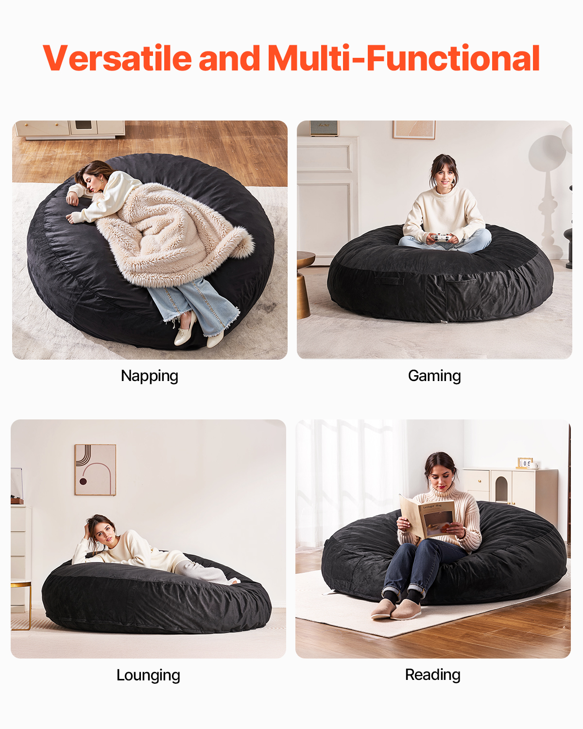 Bean Bag Chair Convertible/with Cover/Armrests for Adult Fluffy Blue/Grey/Black - Picture 66 of 72