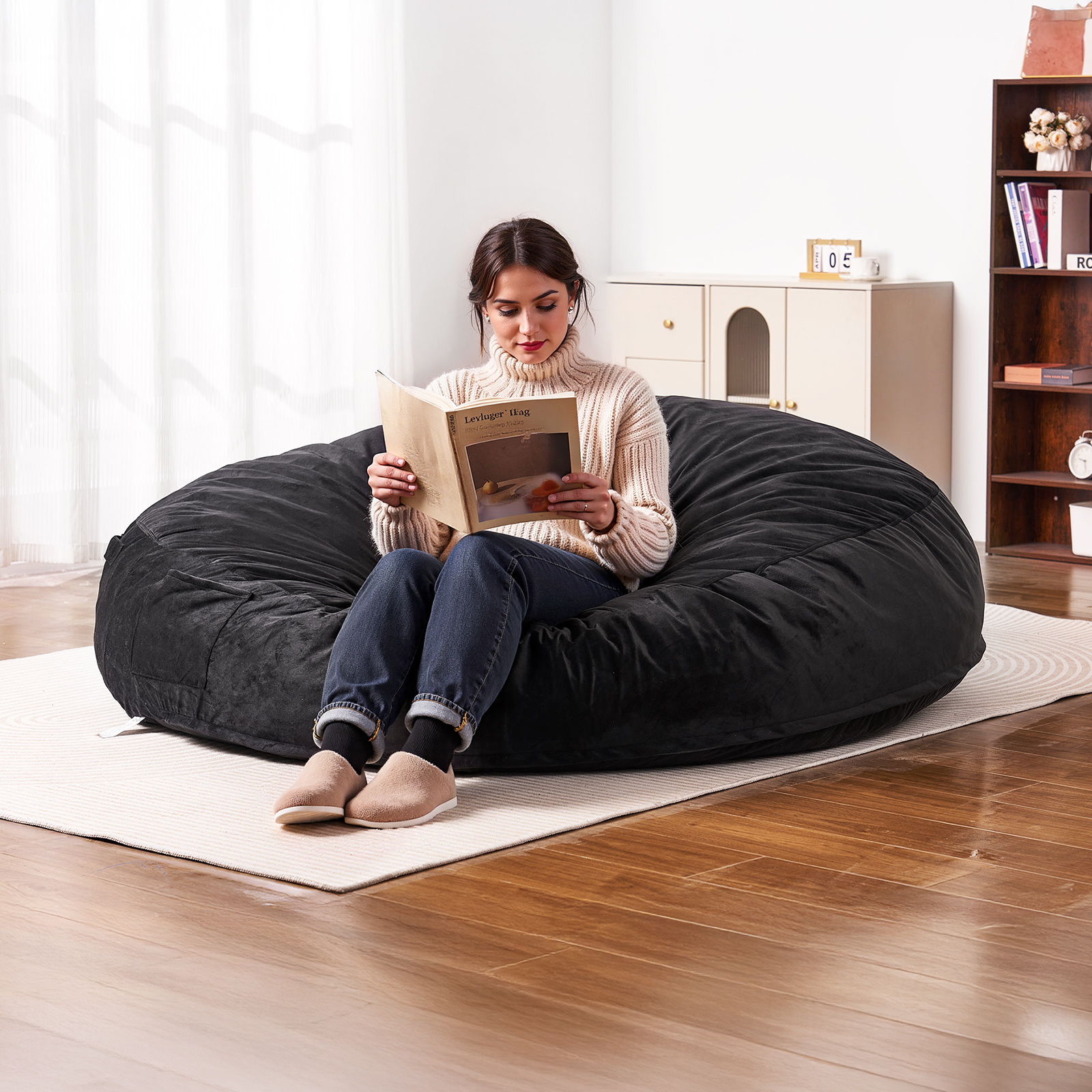 Bean Bag Chair Convertible/with Cover/Armrests for Adult Fluffy Blue/Grey/Black - Picture 68 of 72