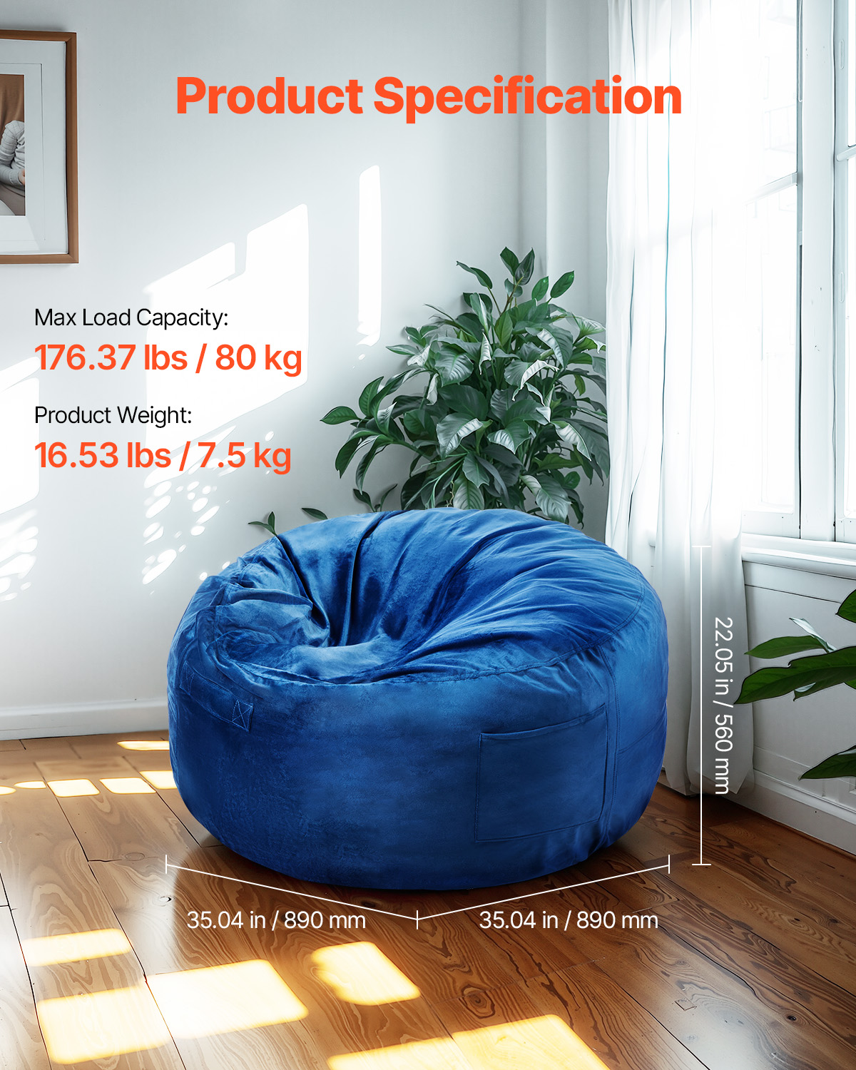 Bean Bag Chair with Armrests and Storage Pocket/Removable Cover & Dutch Velvet - Picture 28 of 62
