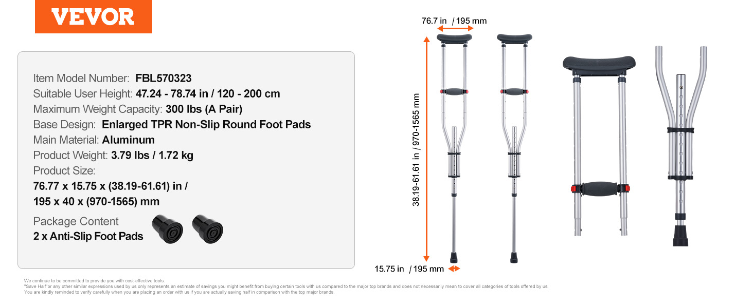 Underarm Crutches, Height Adjustable, Aluminum