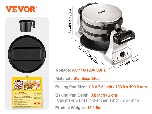 VEVOR Silver Stainless Steel Waffle Maker, 1400W