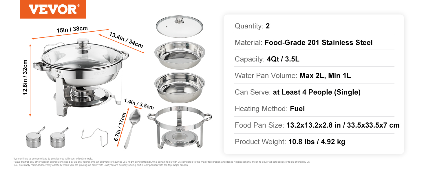 VEVOR chafing dish set, 4qt, stainless steel, includes lid, pans, heating elements, and spoon.