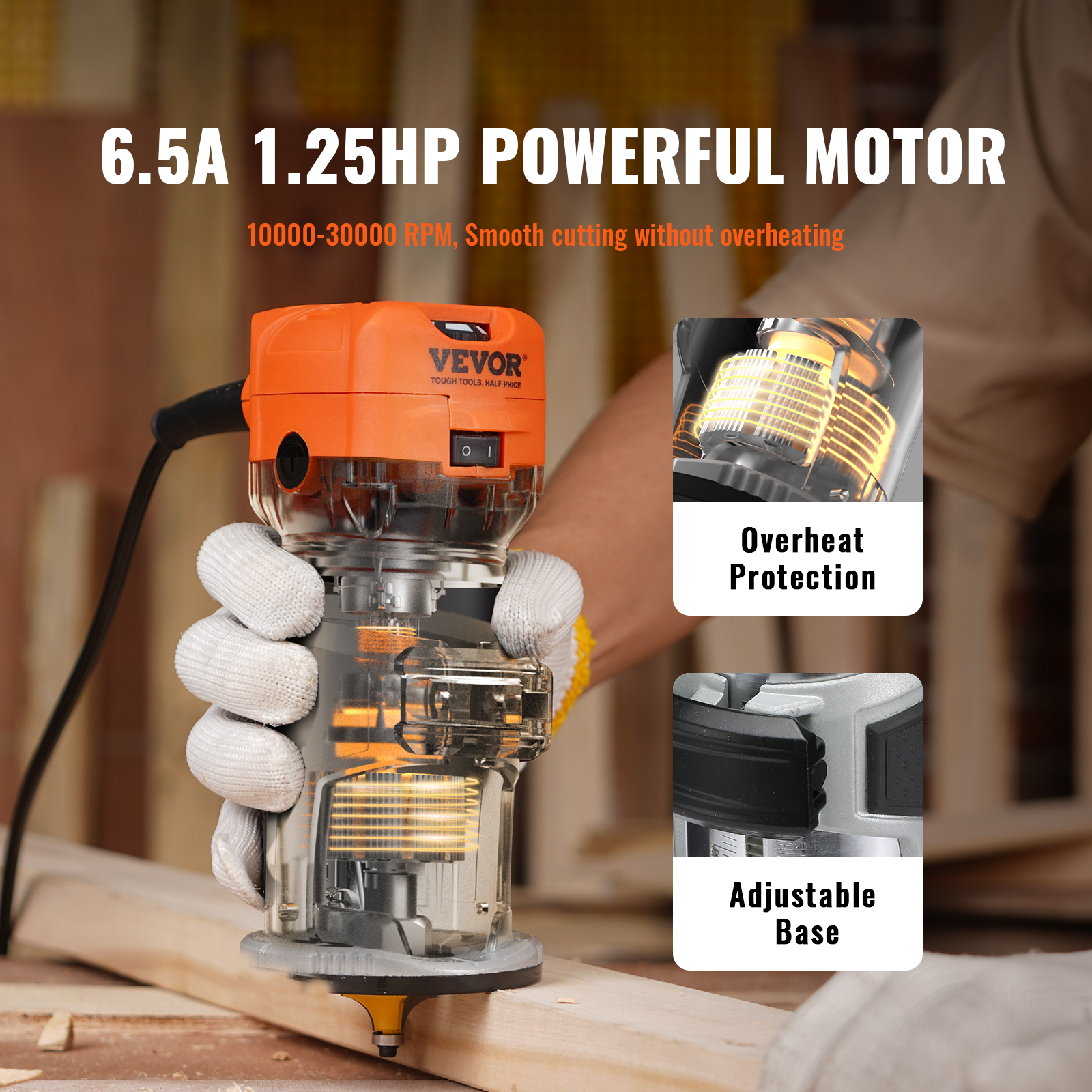 VEVOR 6 Speed 30000RPM Wood Trimmer Router Wood Router Tool 800W for Woodworking - Picture 17 of 26
