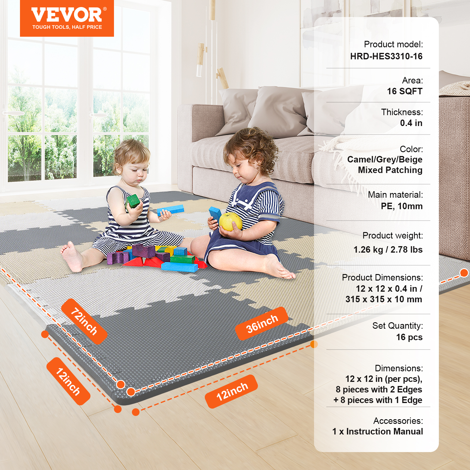 VEVOR Interlocking Floor Mats 24" Fitness Flooring Tiles 6/12/25 PCS 1/2" Thick