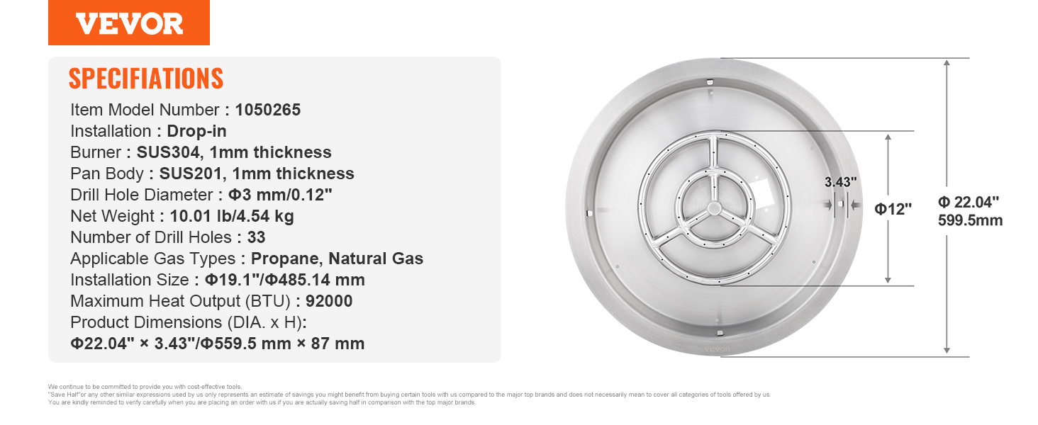 VEVOR 19palcová kulatá zápustná pánev, hořák z nerezové oceli, pánev na oheň z přírodního a propanového plynu 92 000 BTU s víkem, pro vnitřní nebo venkovní použití