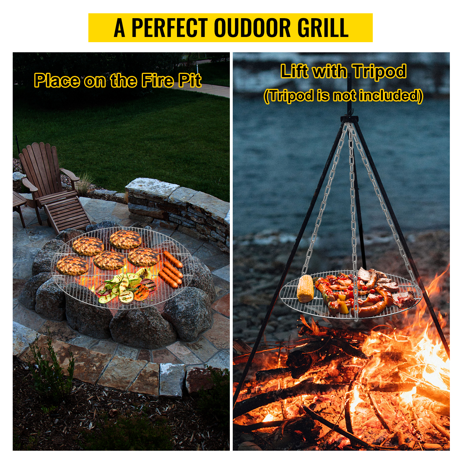 Camp Fire Outdoor Camping Cooking Tripod Grill Grate Hanging Pot Stand  Portable