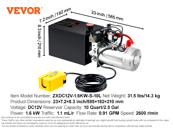 VEVOR Hydraulic Pump, 10 Quart Hydraulic Power Unit, Double Acting Dump ...