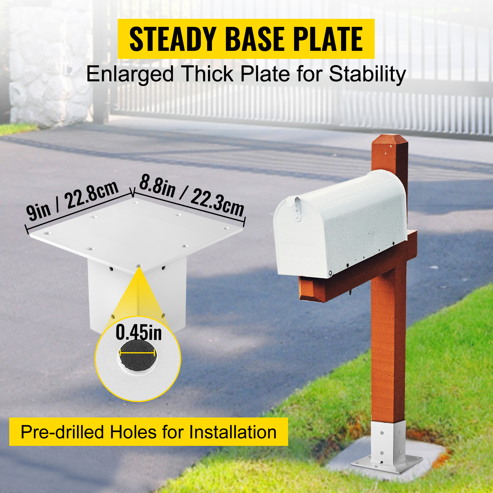 VEVOR Post Base, 4"x4" Mailbox Base Plate, White Powder-Coated Fence Post Anchor, Q235 Steel Deck Post Base, Surface Mount Base Plate for Mailbox Post Deck Supports Porch Railing Post Holders