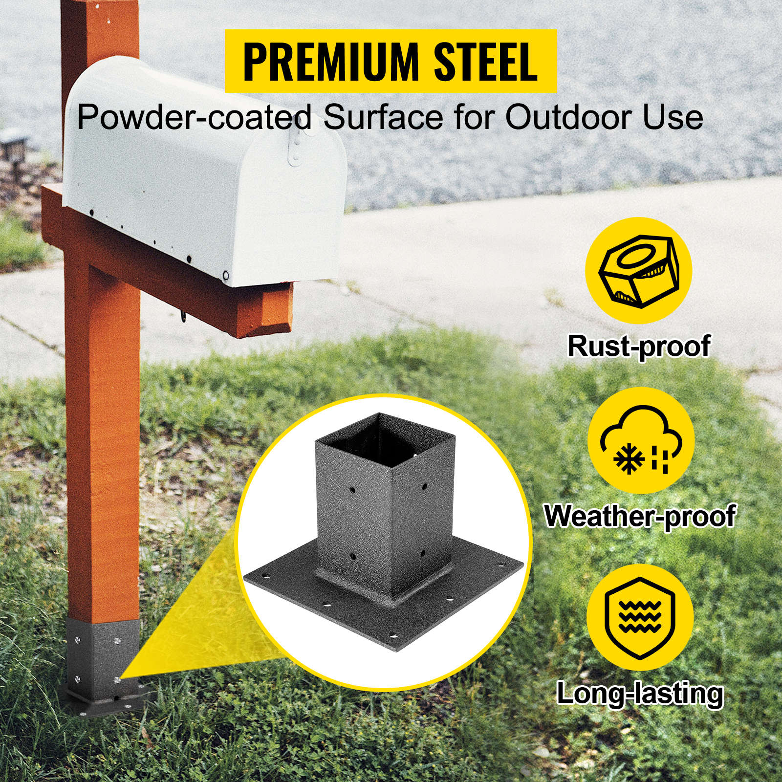 VEVOR Post Base, 4"x4" Mailbox Base Plate, Black Powder-Coated Fence Post Anchor, Q235 Steel Deck Post Base, Surface Mount Base Plate for Mailbox Post Deck Supports Porch Railing Post Holders