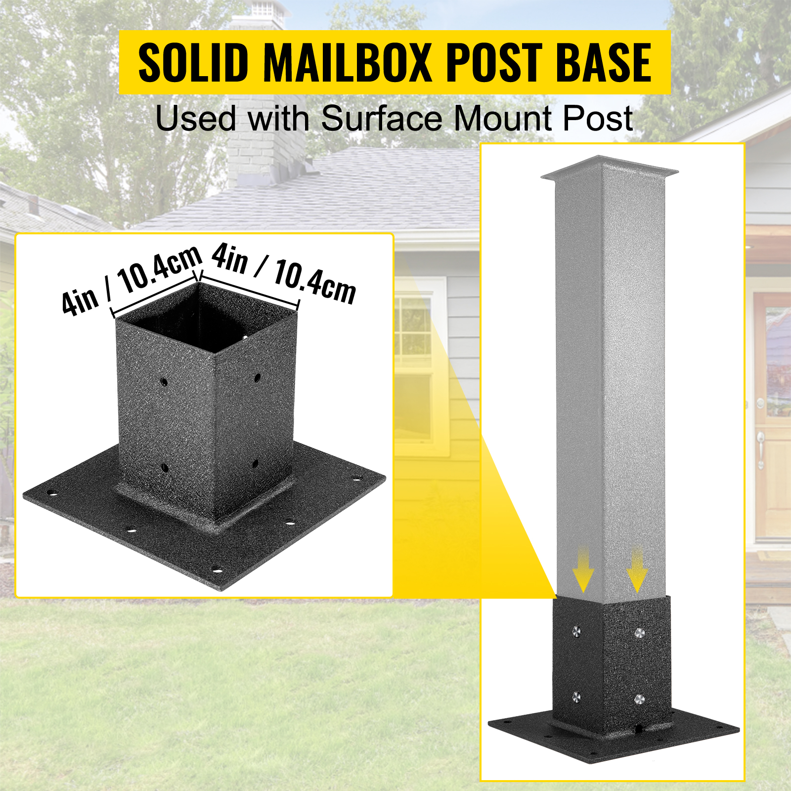 VEVOR Post Base, 4"x4" Mailbox Base Plate, Black Powder-Coated Fence Post Anchor, Q235 Steel Deck Post Base, Surface Mount Base Plate for Mailbox Post Deck Supports Porch Railing Post Holders