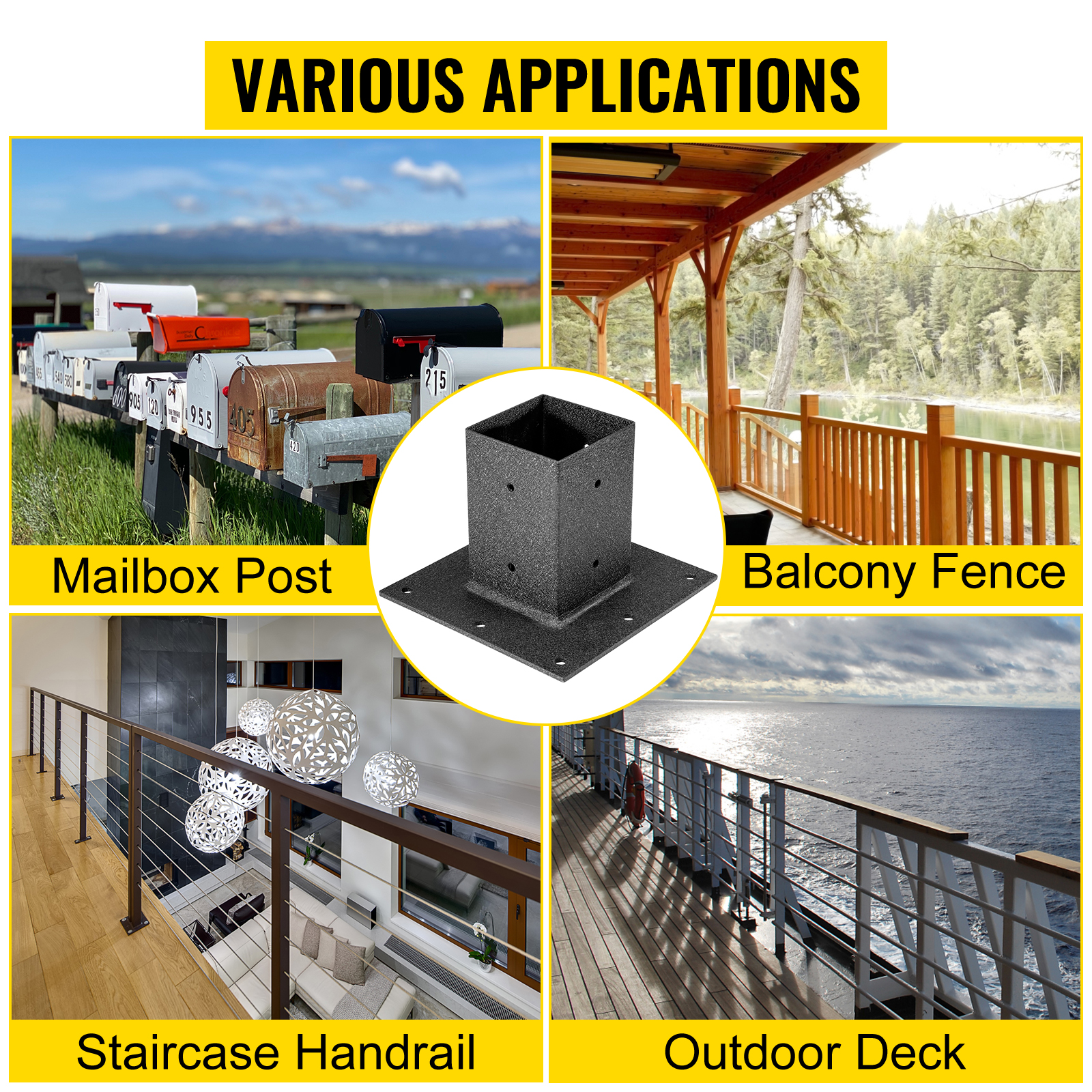 VEVOR Post Base, 4"x4" Mailbox Base Plate, Black Powder-Coated Fence Post Anchor, Q235 Steel Deck Post Base, Surface Mount Base Plate for Mailbox Post Deck Supports Porch Railing Post Holders