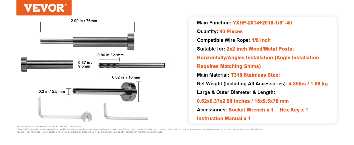 Sada VEVOR 40 Pack Neviditelné kabelové zábradlí, T316 Neviditelná ocel 3,2 mm Neviditelný přijímač a Swage Čep pro kabelové zábradlí, Swage Napínač 3,2 mm pro dřevěný/kovový sloupek, Hardware pro kabelové zábradlí, Černá