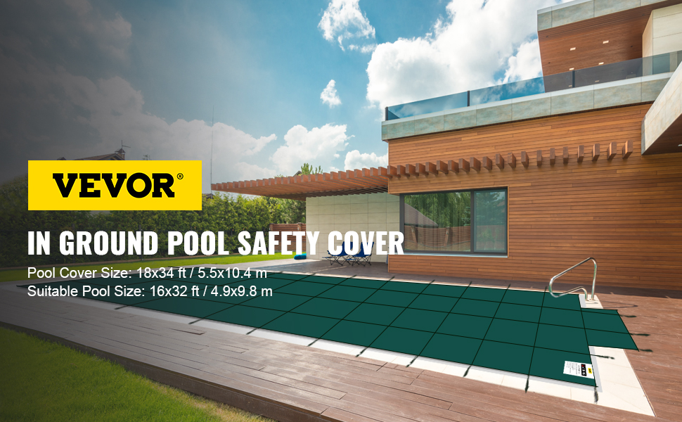 VEVOR Pool Safety Cover Fits 16x32ft Rectangle Inground Safety Pool Cover  Green Mesh with 4x8ft Center End Steps Solid Pool Safety Cover for Swimming