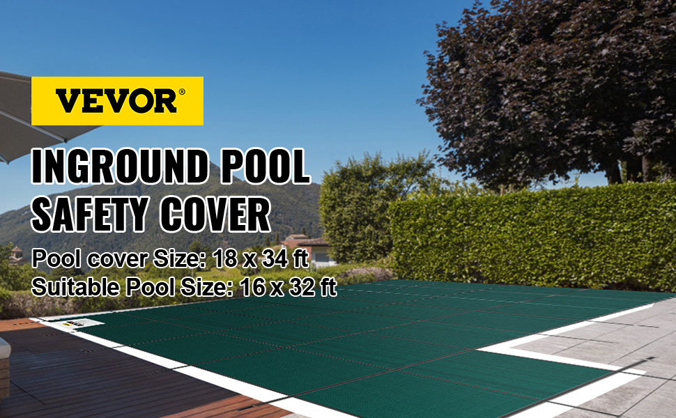 VEVOR Inground Pool Safety Cover, 18 ft x 34 ft Rectangular Winter Pool  Cover with Left Step, Triple Stitched, High Strength Mesh PP Material, Good  Rain Permeability, Installation Hardware Included