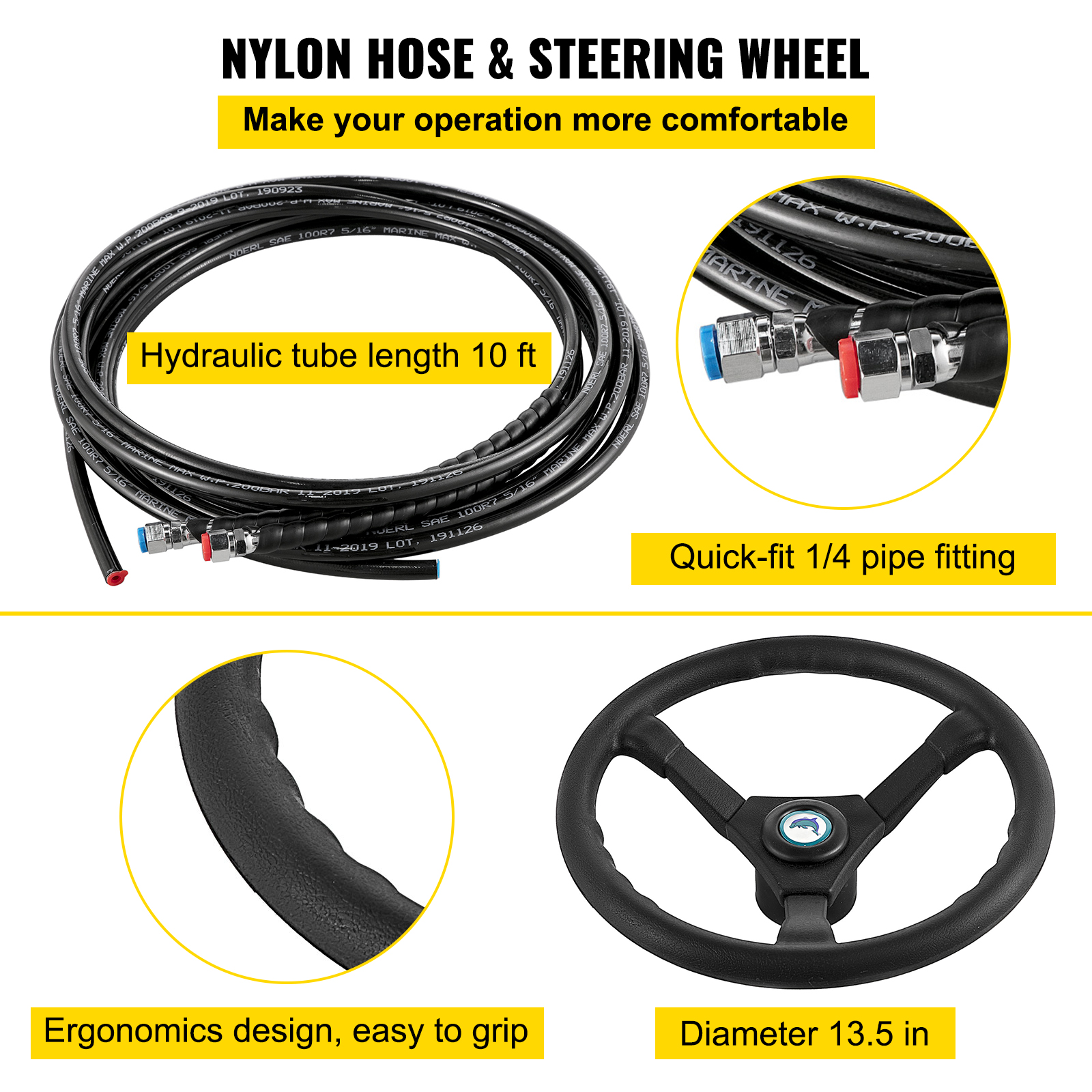 VEVOR Hydraulic Outboard Boat Steering Kit 10-24''Hoses 300HP Helm Pump Cylinder - Picture 56 of 158