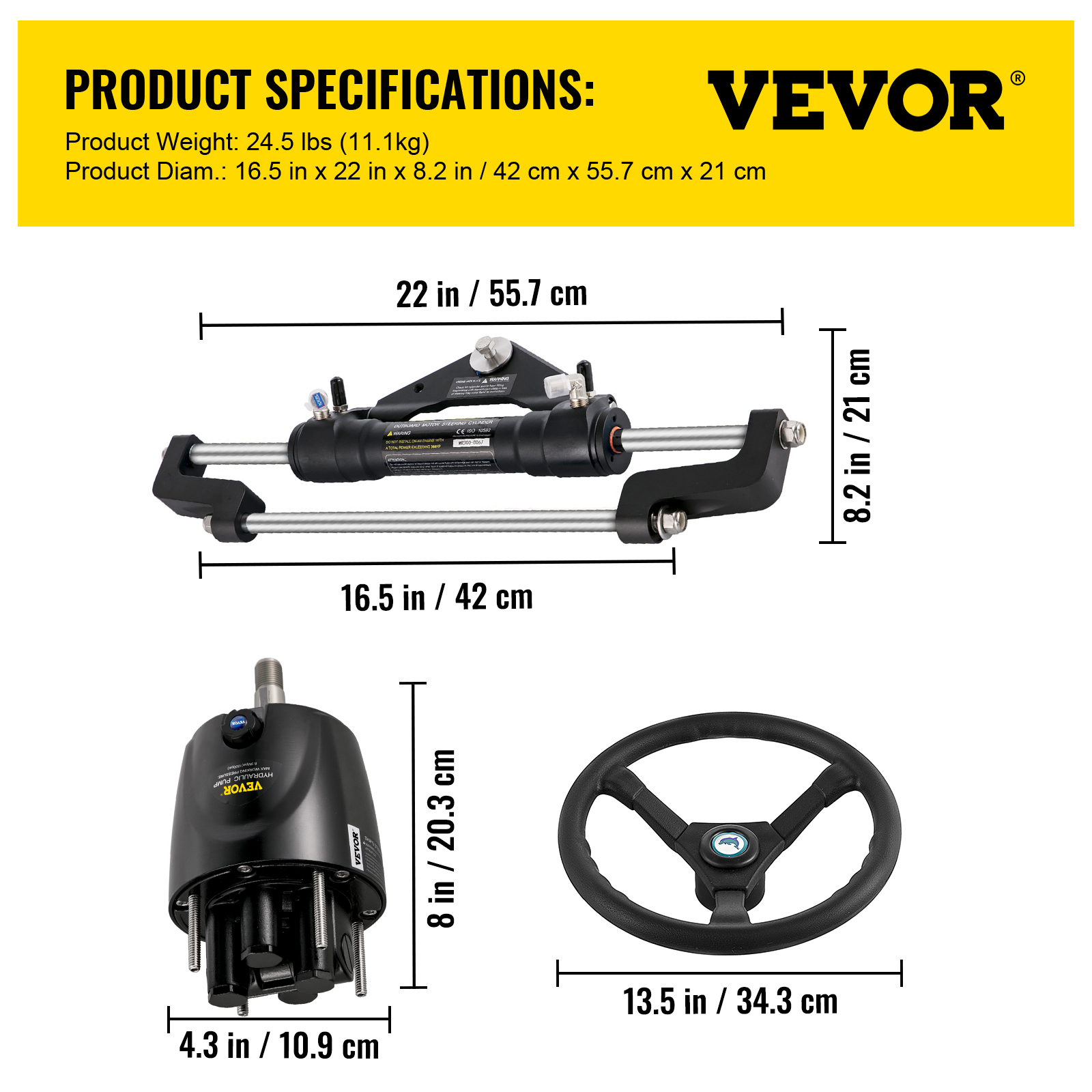 VEVOR Hydraulic Outboard Boat Steering Kit 10-24''Hoses 300HP Helm Pump Cylinder - Picture 81 of 158