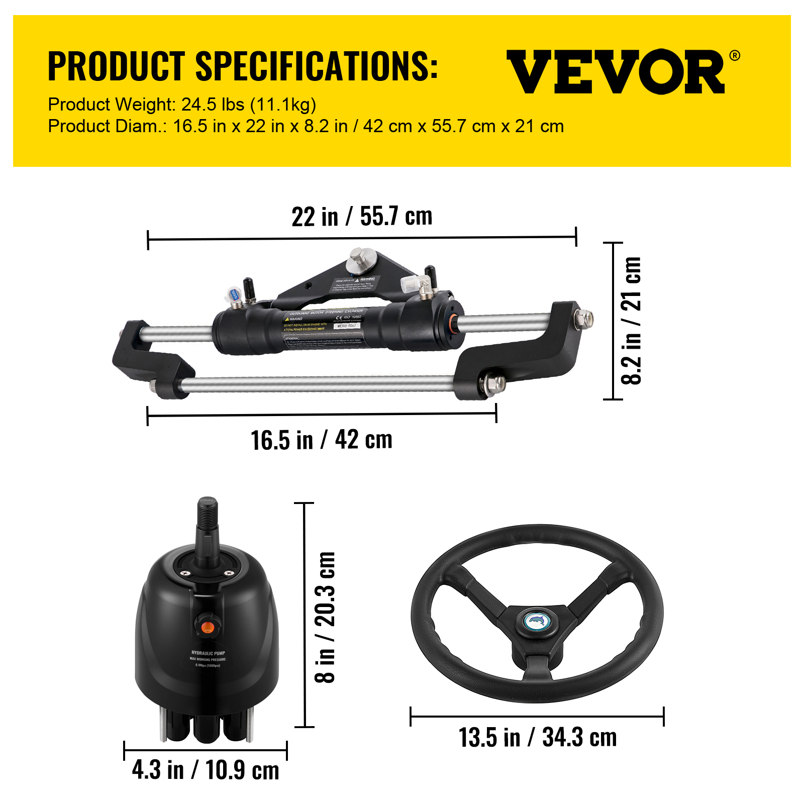 VEVOR Hydraulic Outboard Boat Steering Kit 10-24''Hoses 300HP Helm Pump Cylinder - Picture 93 of 158
