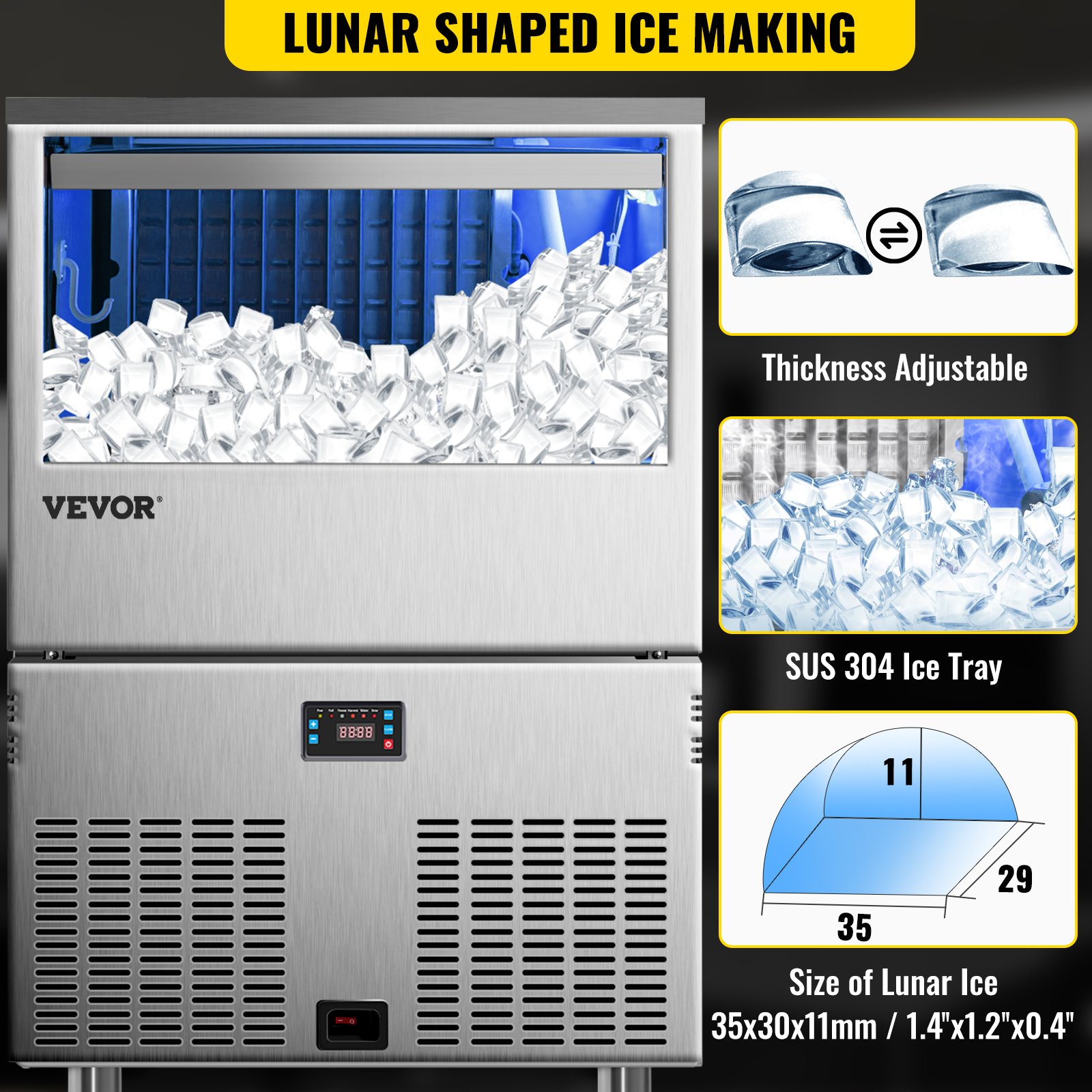 VEVOR 110V Commercial Ice Maker 220LBS/24H with 110LBS Bin, Lunar Shape ...