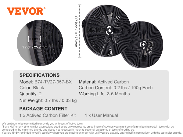 VEVOR Carbon Filter for Ductless Hoods, Range Hood Filter for Recirculation, Compatible with VEVOR TD0975G-CC-I1 Range Hood, 2-Pack Charcoal Filters, Easy Installation, for Ductless/Ventless Option