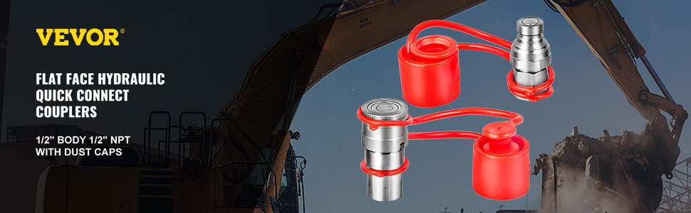 VEVOR Flat Face Hydraulic Couplers 1/2'' Body 1/2'' NPT Thread, Skid Steer Quick Connect Coupling, 4061 PSI Hydraulic Fittings, Pioneer Hydraulic Couplers w/Dust Caps for Bobcat Case (ISO16028) 