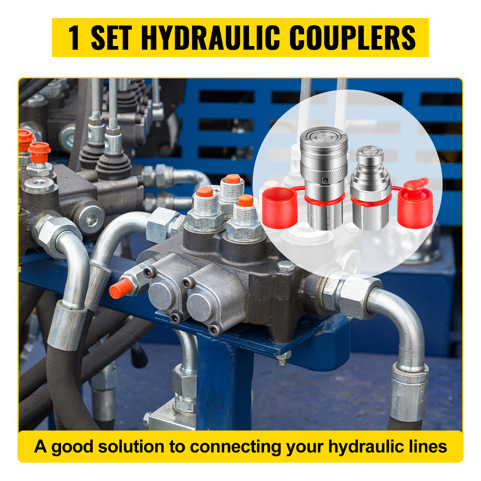 VEVOR Flat Face Hydraulic Couplers 1/2'' Body 1/2'' NPT Thread, Skid Steer Quick Connect Coupling, 4061 PSI Hydraulic Fittings, Pioneer Hydraulic Couplers w/Dust Caps for Bobcat Case (ISO16028) 