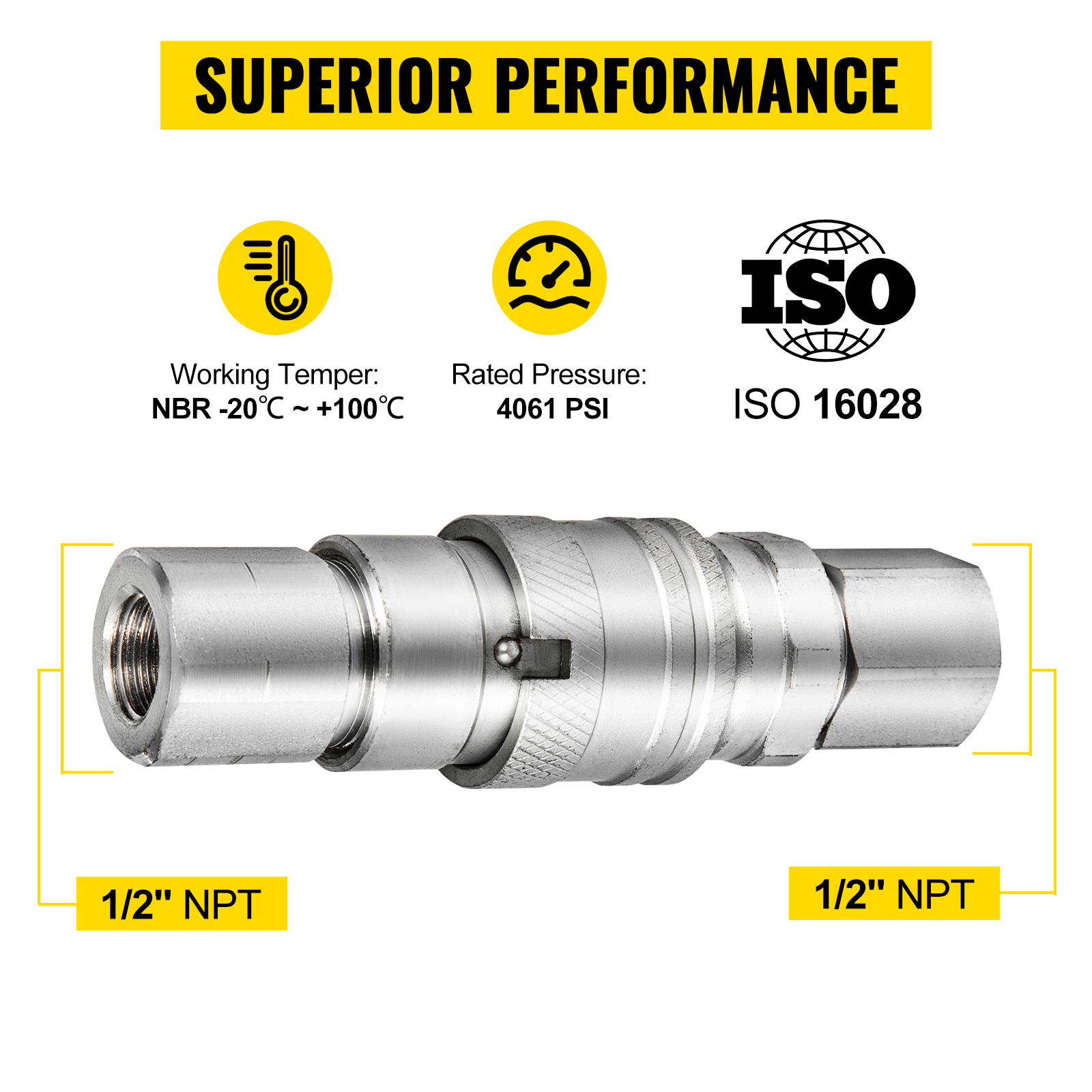 VEVOR Flat Face Hydraulic Couplers 1/2'' Body 1/2'' NPT Thread, Skid Steer Quick Connect Coupling, 4061 PSI Hydraulic Fittings, Pioneer Hydraulic Couplers w/Dust Caps for Bobcat Case (ISO16028) 