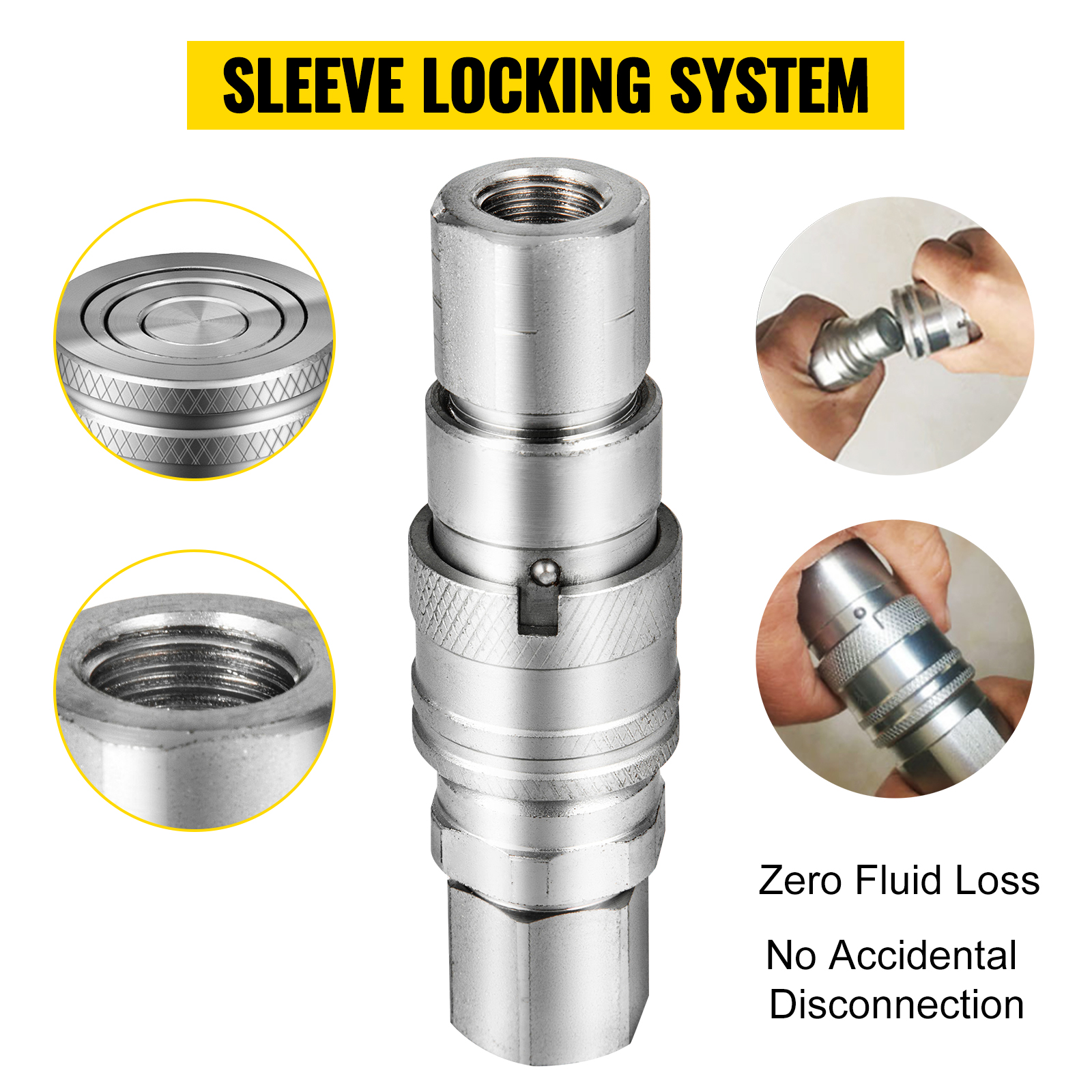 VEVOR Flat Face Hydraulic Couplers 1/2'' Body 1/2'' NPT Thread, Skid Steer Quick Connect Coupling, 4061 PSI Hydraulic Fittings, Pioneer Hydraulic Couplers w/Dust Caps for Bobcat Case (ISO16028) 