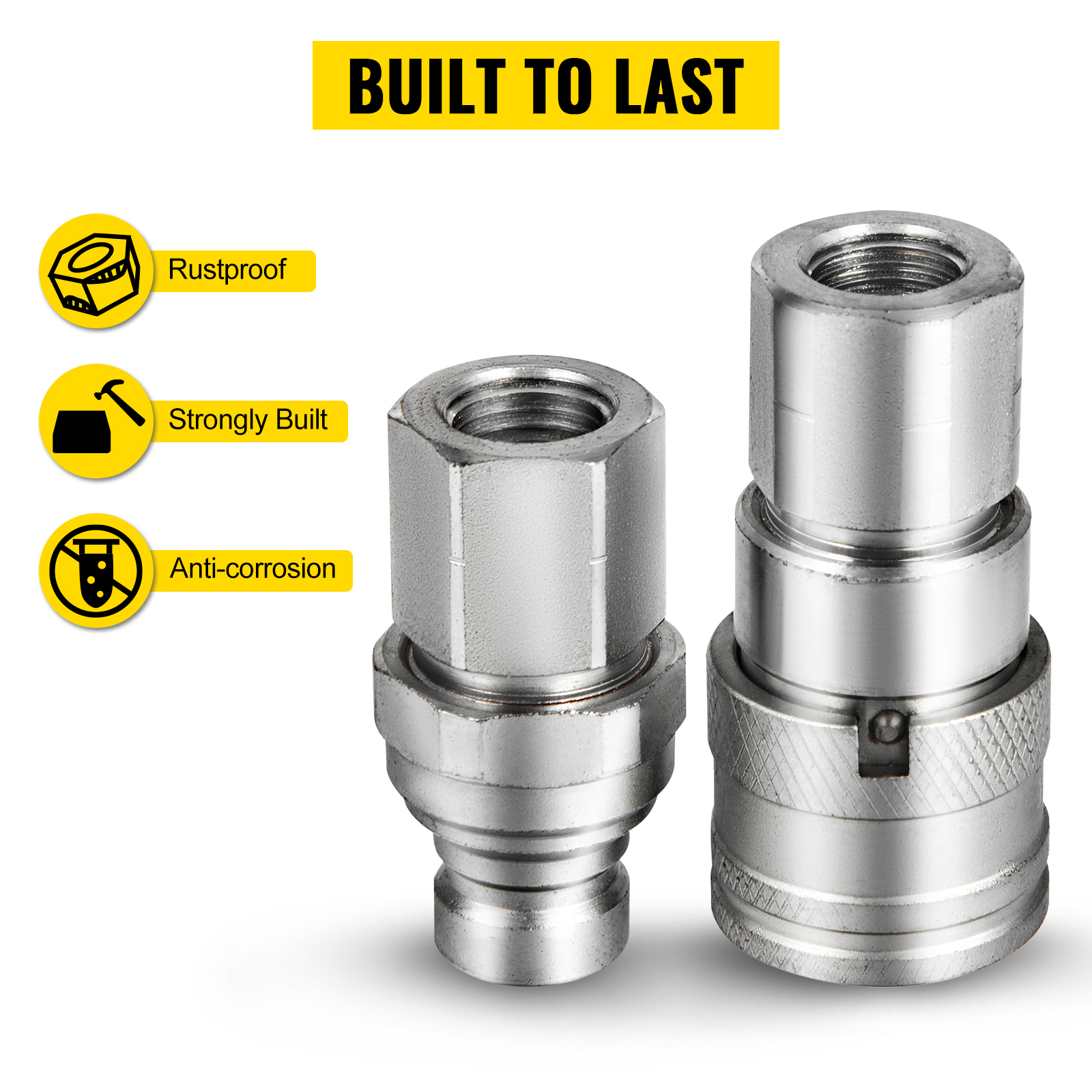 VEVOR Flat Face Hydraulic Couplers 1/2'' Body 1/2'' NPT Thread, Skid Steer Quick Connect Coupling, 4061 PSI Hydraulic Fittings, Pioneer Hydraulic Couplers w/Dust Caps for Bobcat Case (ISO16028) 