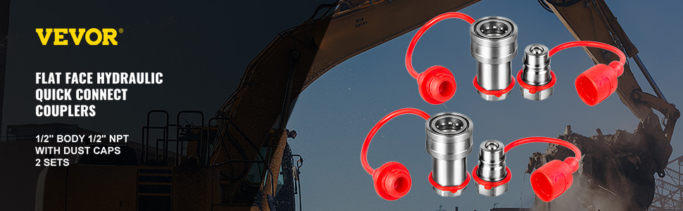 VEVOR Spherical Face Hydraulic Couplers 1/2" Body 1/2" NPT Thread, Skid Steer Quick Connect Couplings, 4061 PSI Hydraulic Fittings, 2 Sets Hydraulic Couplers w/Dust Caps for Bobcat Case, Kubota 