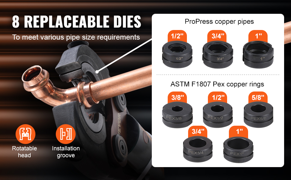VEVOR Copper Tube Fittings Crimping Tool with 8 Jaws Pipe Cutter 360