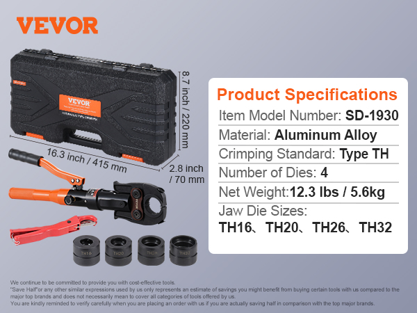 Pince à Sertir Hydraulique VEVOR Pour Tubes Cuivre - 4 Mâchoires TH16 à TH32 - Rotation 360°