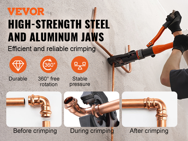 VEVOR Copper Pipe Crimping Tool, Hydraulic Driven Press Tool With 1 2 3 4 1 Jaws For Copper Pipe And 3 8 1 2 5 8 3 4 Orange Black