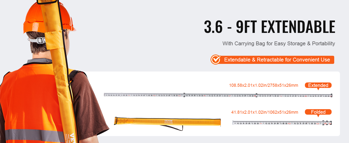 VEVOR Measuring Rod 9-Feet/10ths 3 Sections Telescopic Grade Rod 1/10ft ...