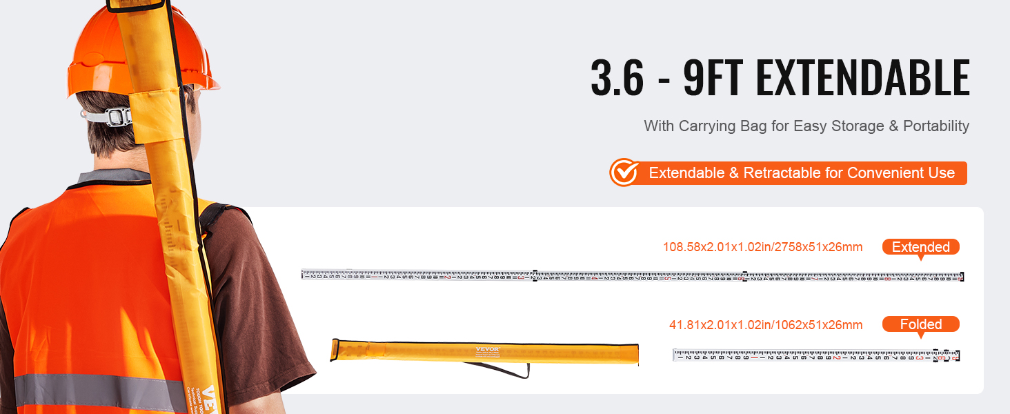 VEVOR Measuring Rod 9-Feet/8ths 3 Sections Telescopic Grade Rod 1/8in w ...
