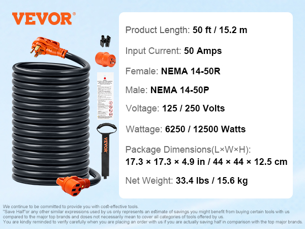 VEVOR 50ft RV Extension Cord Power Cord 50Amp NEMA 14-50R/NEMA 14-50P ...