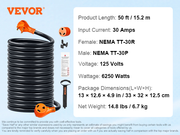 VEVOR 50ft RV Extension Cord Power Cord 30Amp NEMA TT-30R/NEMA TT-30P ETL  Listed
