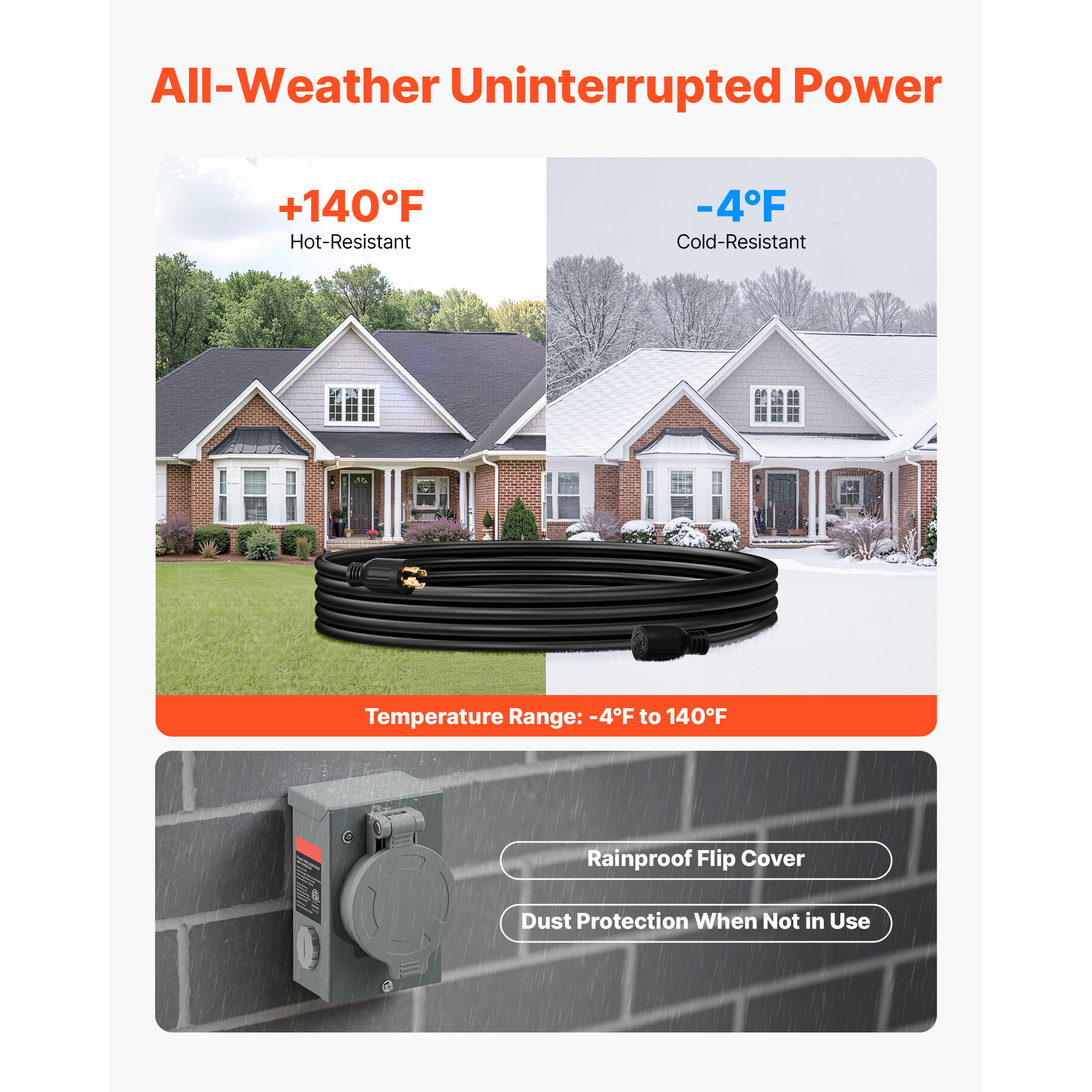 30/50 Amp 10/15/35/50/75FT Generator Cord with Power Inlet Box NEMA 14-50P