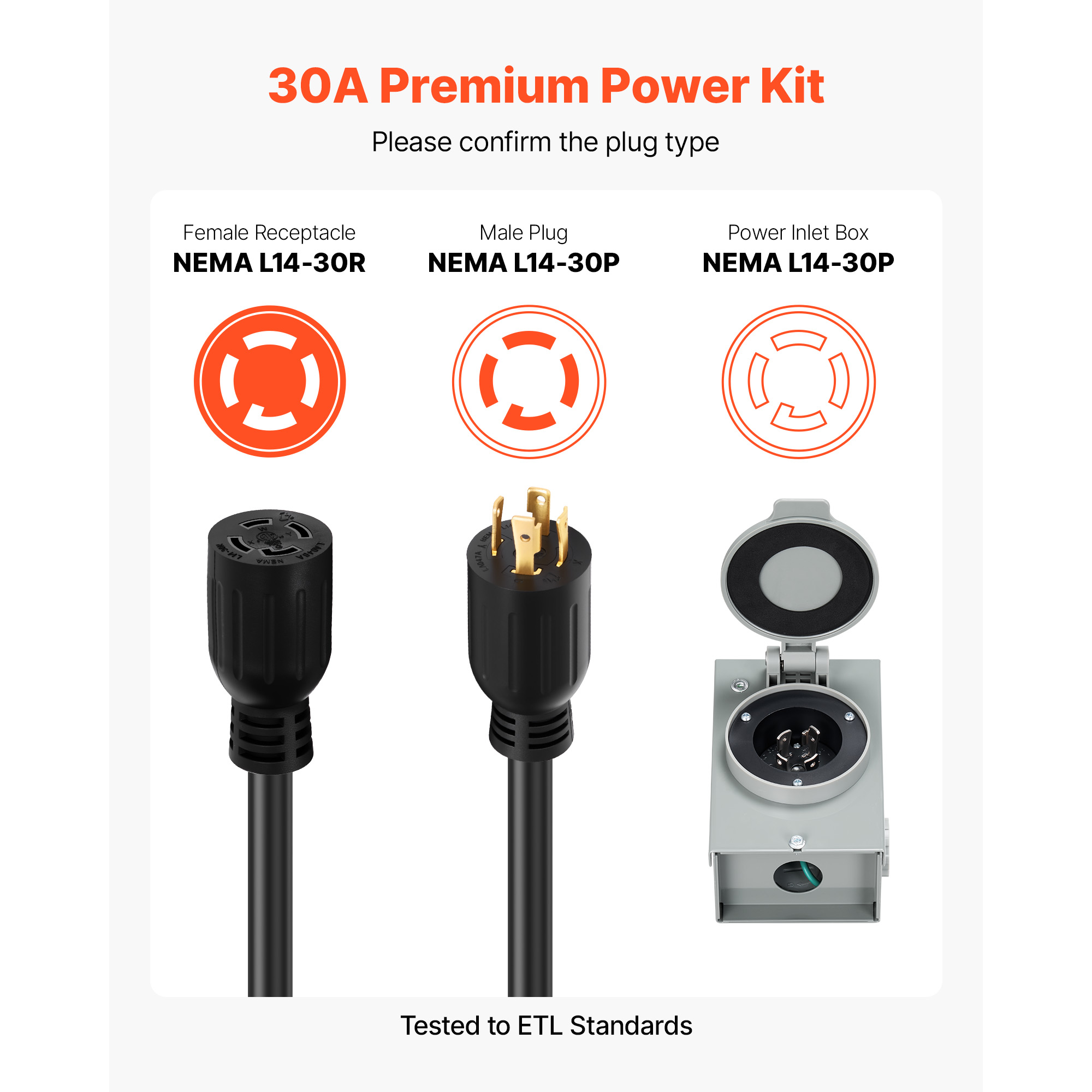 30/50 Amp 10/15/35/50/75FT Generator Cord with Power Inlet Box NEMA 14-50P