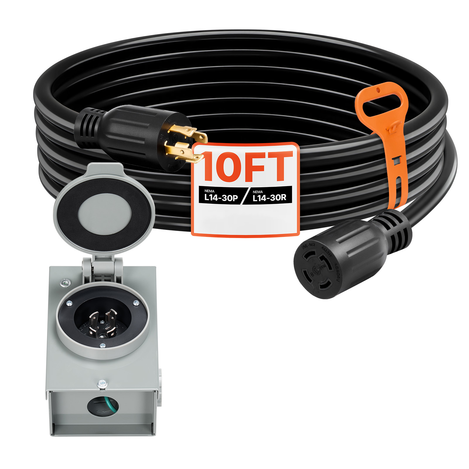 30/50 Amp 10/15/35/50/75FT Generator Cord with Power Inlet Box NEMA 14-50P