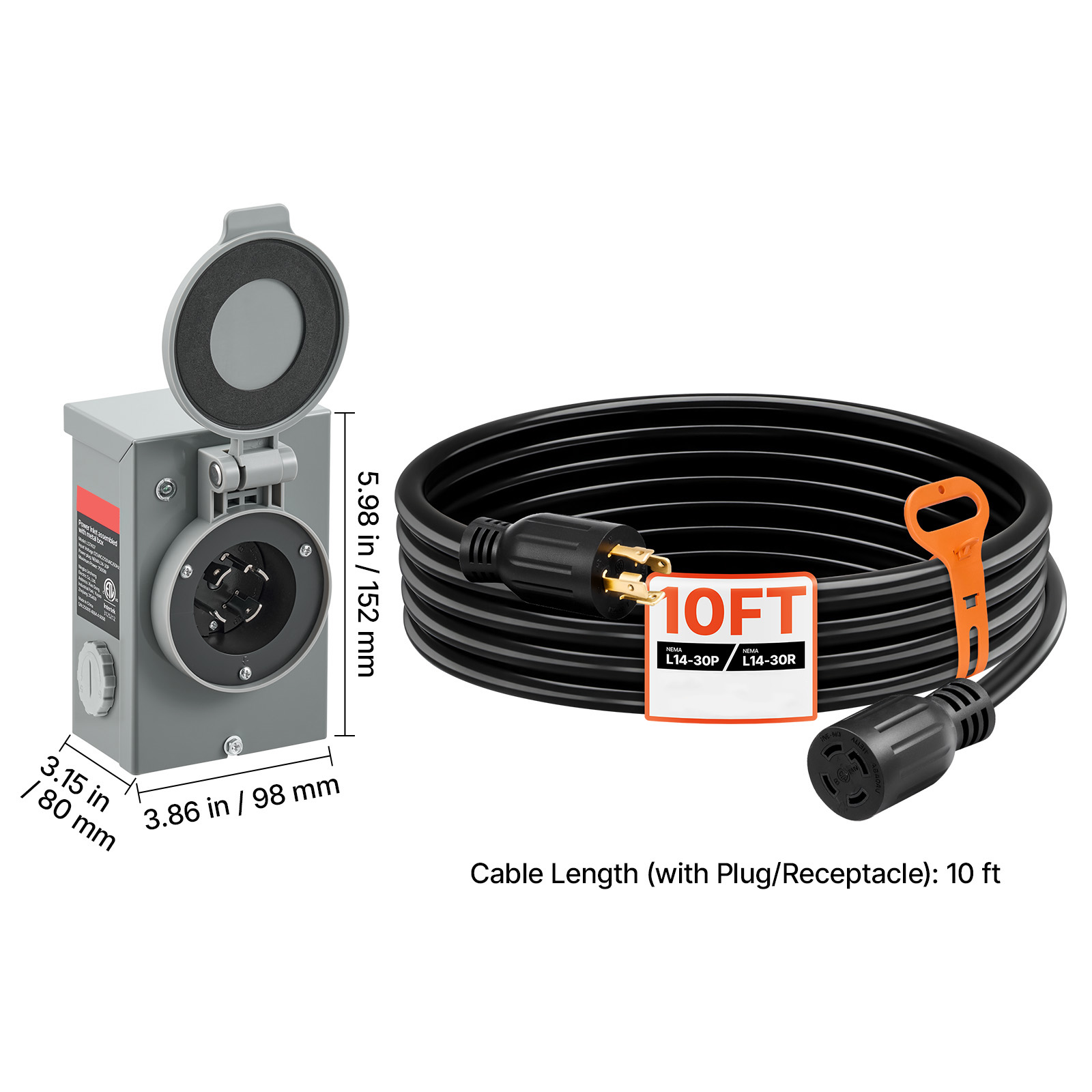 30/50 Amp 10/15/35/50/75FT Generator Cord with Power Inlet Box NEMA 14-50P