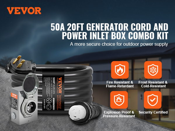 50A 20FT Generators Cord And Power Inlet Box Combo Kit, NEMA 14-50P Male To SS2-50R Generator Extension Cord 125V/250V RV Generator Power Cord Twist Lock Connector, ETL Listed