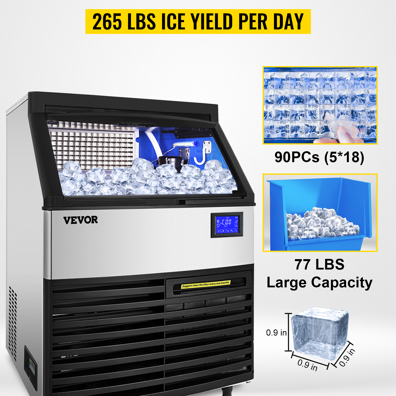 VEVOR Commercial Ice Maker, 450LBS/24H Ice Making Machine with 330.7LBS  Large Storage Bin, 1000W Auto Self-Cleaning Ice Maker Machine with 3.5-inch LED  Panel for Bar Cafe Restaurant Business