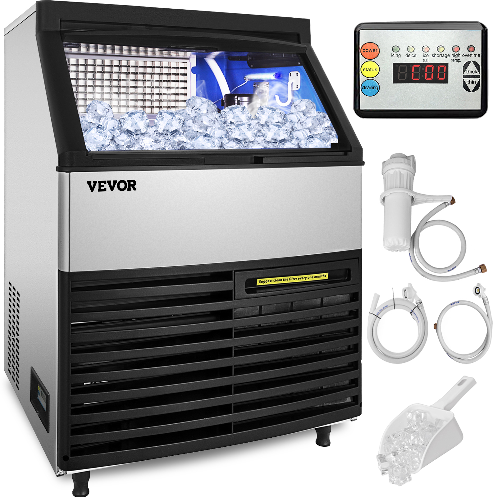 VEVOR 110V Commercial Ice Machine 320LBS/24H with 77lbs Bin, Clear Cube LED Panel, Stainless Steel, Air Cooling, ETL Approved, Professional