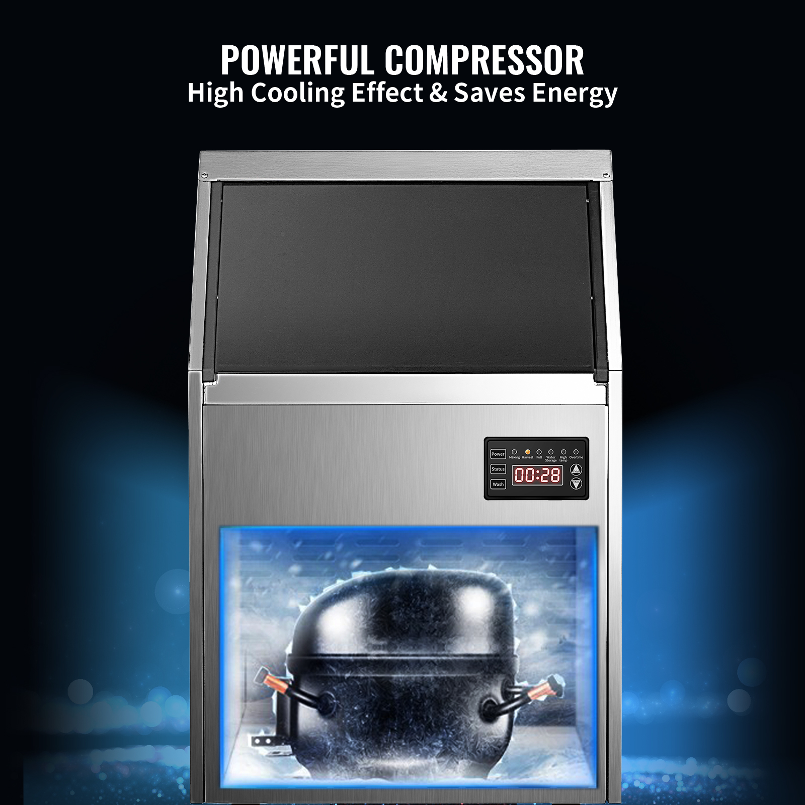 Máquina para hacer hielo comercial VEVOR de 110 V, 265 libras/24 horas,  máquina de hielo de acero inoxidable de 750 W con capacidad de  almacenamiento