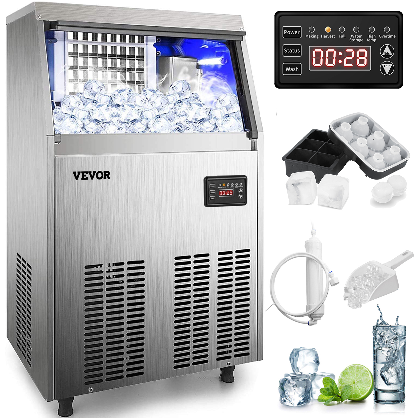 VEVOR 80-150LBS/24H Commercial Ice Maker Built-in Ice Cube Machine 33LBS Storage