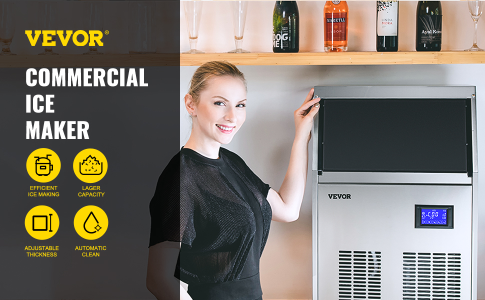 VEVOR 132 lb. / H Stainless Steel Under Counter Freestanding Commercial Ice Maker with 39 lbs. Storage Bin in Silver