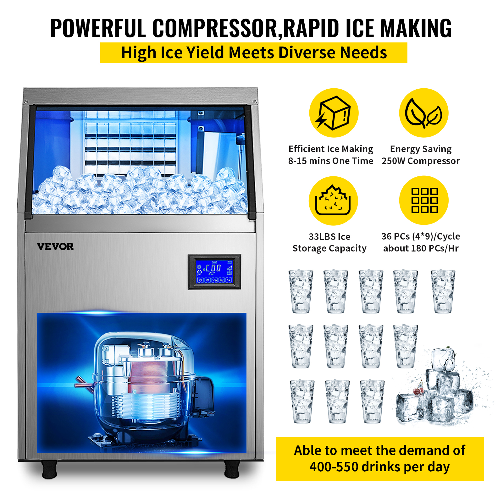 VEVOR 80-150LBS/24H Commercial Ice Maker Built-in Ice Cube Machine 33LBS Storage