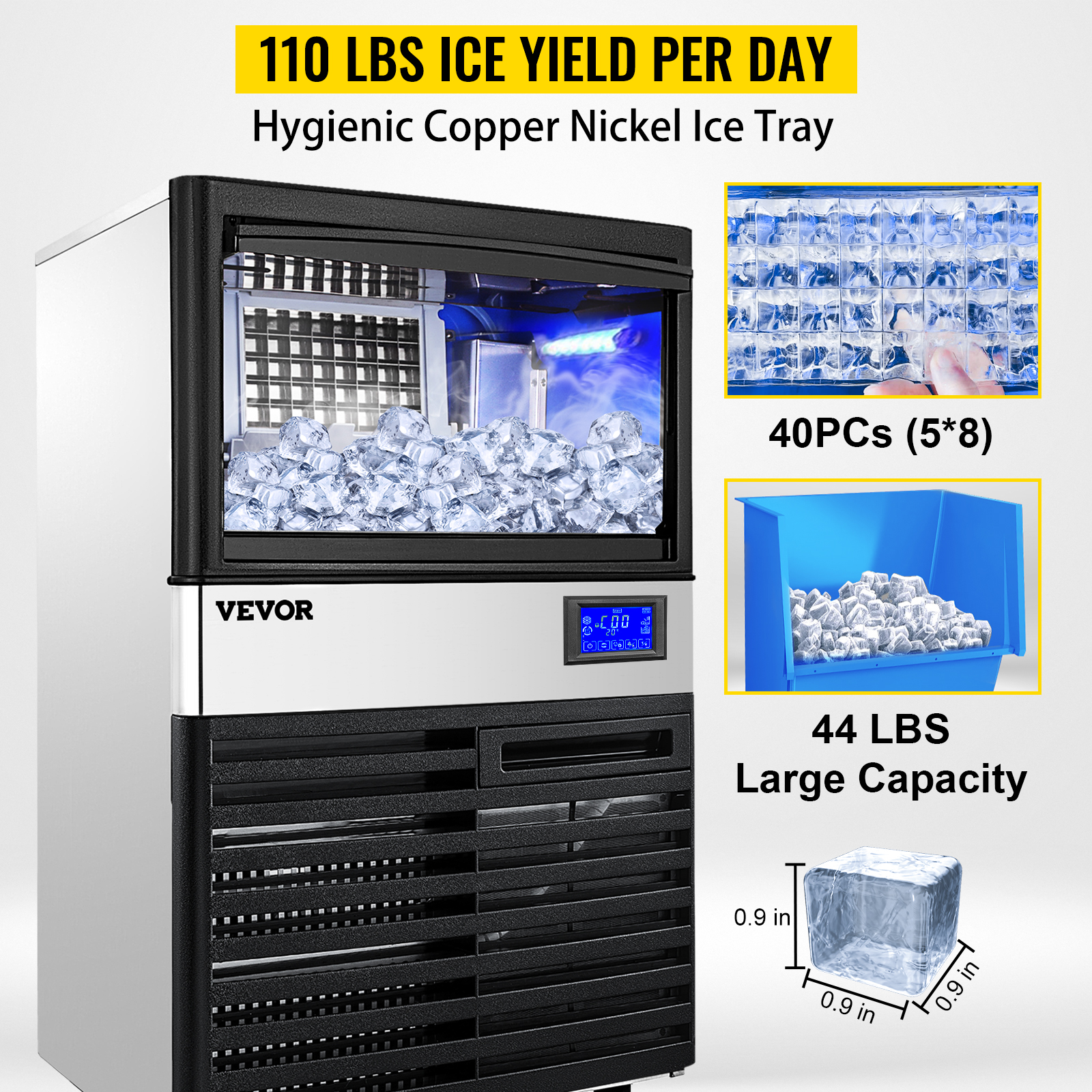 VEVOR 110V Commercial Ice Maker Machine 265lbs/24h, 750W Stainless Steel Ice Machine with 55lbs Storage Capacity, 126 Ice Cubes