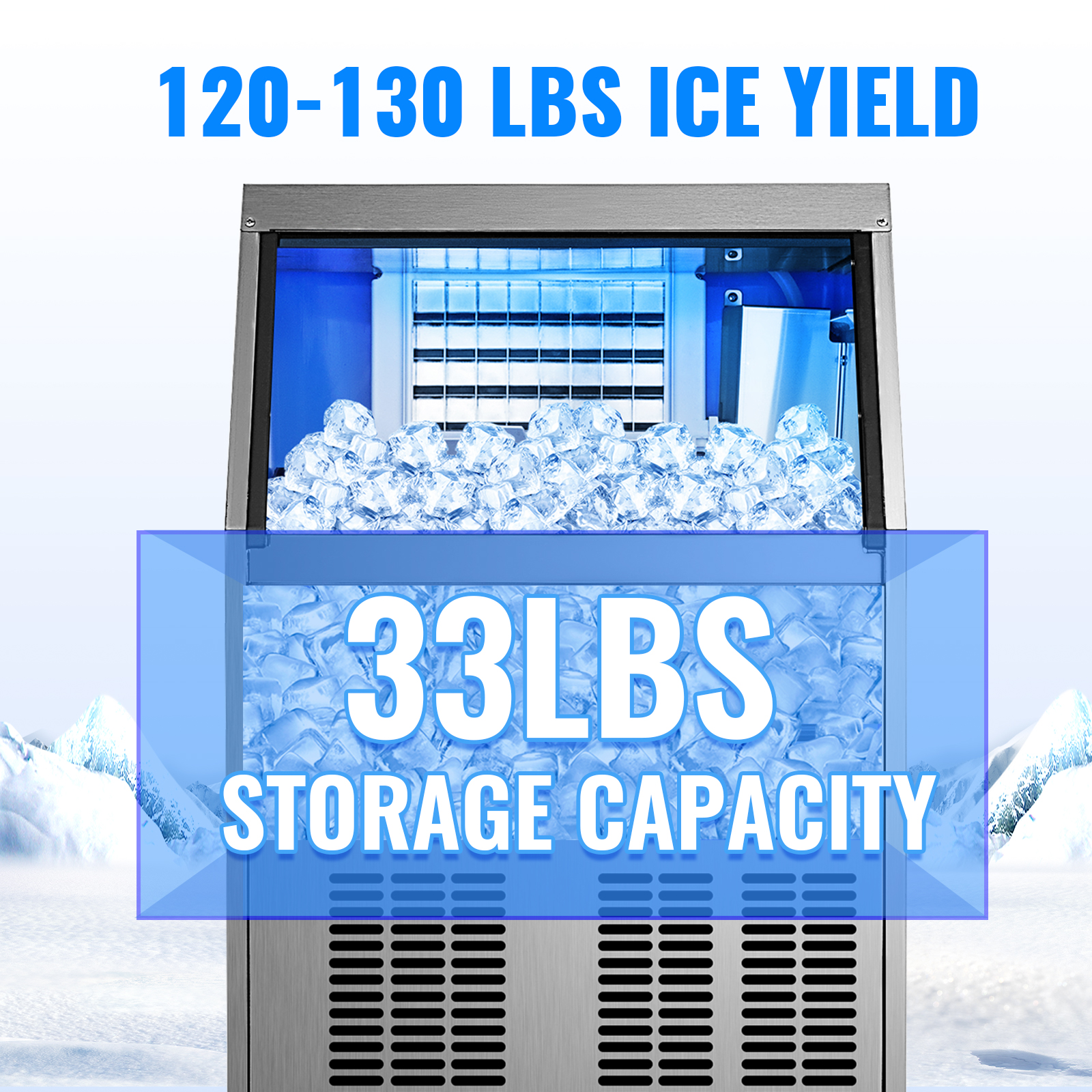 VEVOR 110V Commercial Ice Maker 80-90LBS/24H with 33LBS Bin, Full Heavy  Duty Stainless Steel Construction, Automatic Operation, Clear Cube for Home  Bar, Include Water Filter, Scoop, Connection Hose